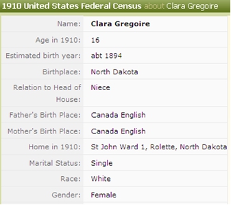 Image  of 1910 US Census Documenting Clara Gregoire in  Brooks Household in St. John ND